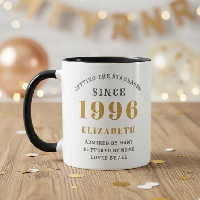 30th Birthday 1996 Add Name Elegant Mugg (Born 1996 birthday gift mug. Wood table out of focus background.)
