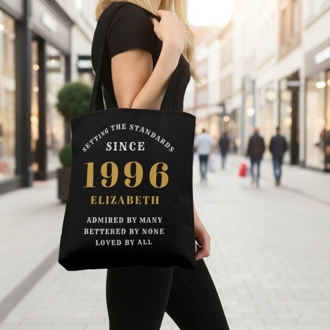 30th Birthday 1996 Black Gold For Her Personalized Tygkasse (Born 1996 birthday tote bag. Background out of focus.)