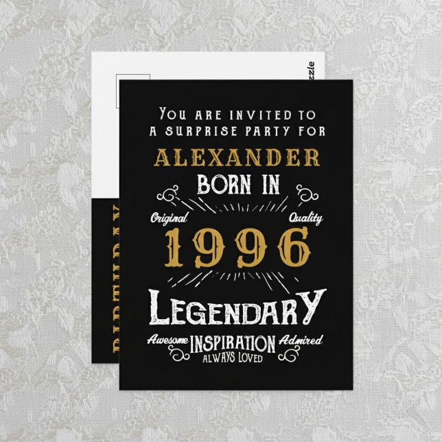 30th Birthday 1996 Black Gold Legend Invitation Vykort (1996 birthday invitation  postcard. Background white lace.)