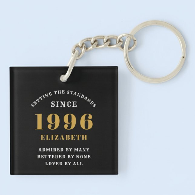 30th Birthday 1996 Black Gold Personalized (Born 1996 birthday keychain. Pastel background.)