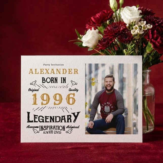 30th Birthday 1996 Legend White & Gold Photo Inbjudningar (Born 1996 birthday invitation.)