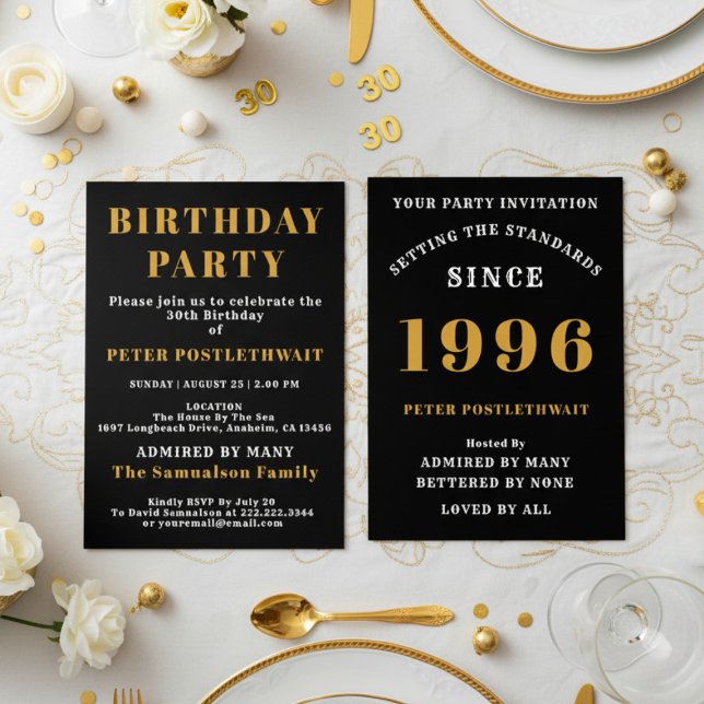 30th Birthday Add Name 1996 Black Gold For Him Inbjudningar (1996 birthday invitation. White background.)