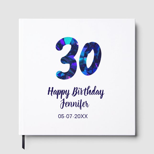 30th birthday add name date year blue sparkle  gästböcker (Framsida)
