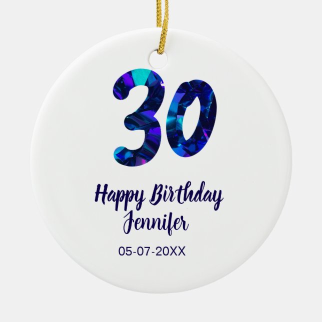 30th birthday add name date year blue sparkle  julgransprydnad keramik (Framsidan)