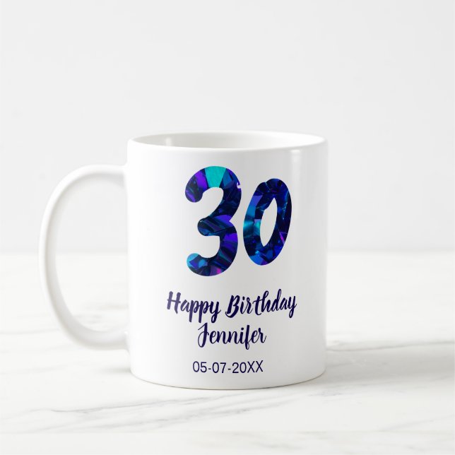 30th birthday add name date year blue sparkle  kaffemugg (Vänster)