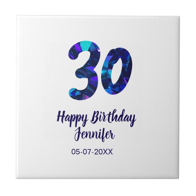 30th birthday add name date year blue sparkle  kakelplatta (Framsidan)