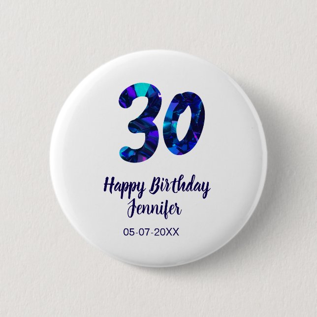 30th birthday add name date year blue sparkle  knapp (Framsida)