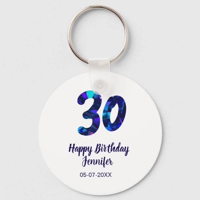30th birthday add name date year blue sparkle  nyckelring (Framsida)