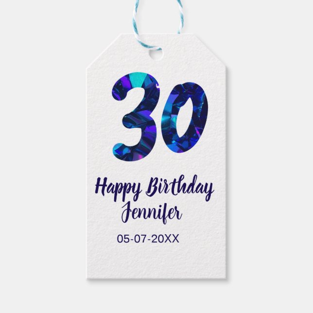 30th birthday add name date year blue sparkle  presentetikett (Framsidan)