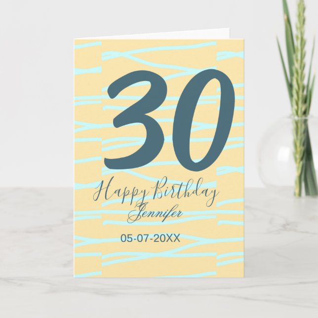 30th birthday add name date year yellow blue paste kort (Framsida)