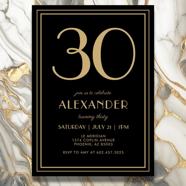 30th Birthday Black and Gold Modern Minimal Adult Inbjudningar (Elegant black and gold 30th birthday invitation design.)