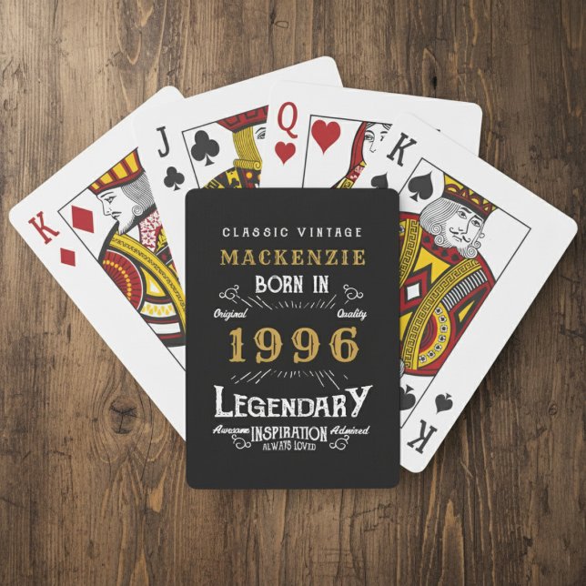 30th Birthday Born 1996 Legend Black Gold Casinokort (Born 1996 playing cards. Wood background.)