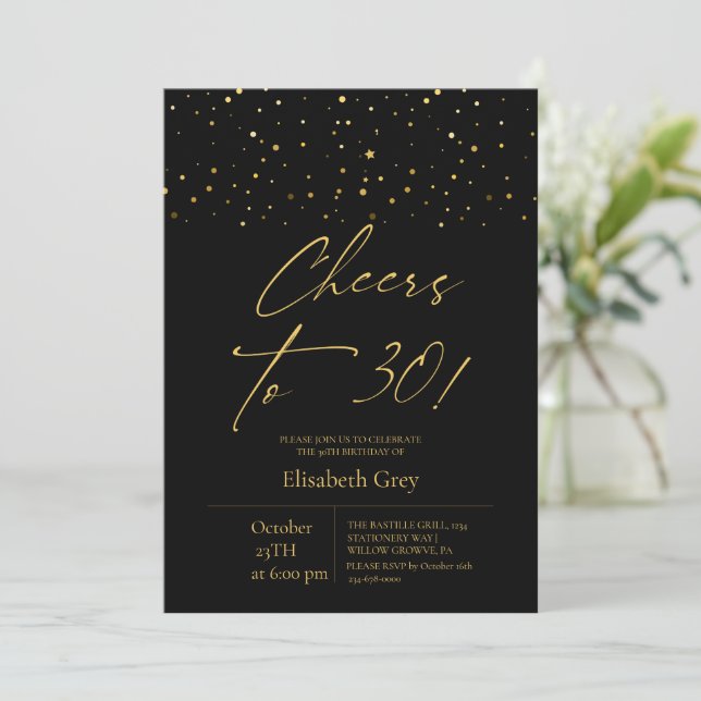 30th Birthday Gold Black Modern  Inbjudningar (Stående Fram)