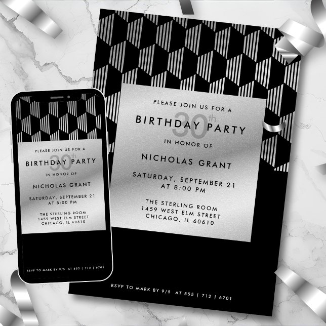 30th Birthday Modern Black Faux Silver Foil Inbjudningar (Skapare uppladdad)