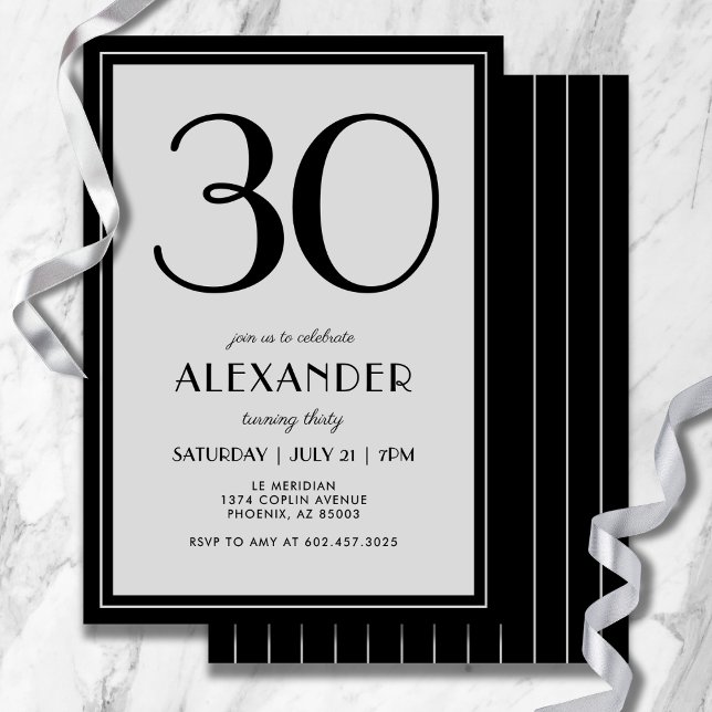 30th Birthday Modern Minimalist Mens Black Gray Inbjudningar (Refined black and gray stripes add modern flair to your 30th celebration.)