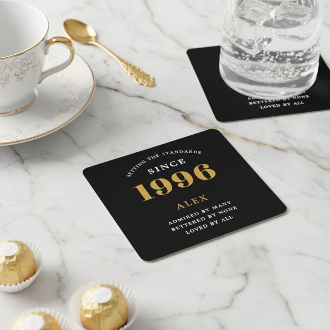 30th Birthday Name 1996 Year Black Gold Custom Underlägg Papper Kvadrat (1996 coaster on a white background)
