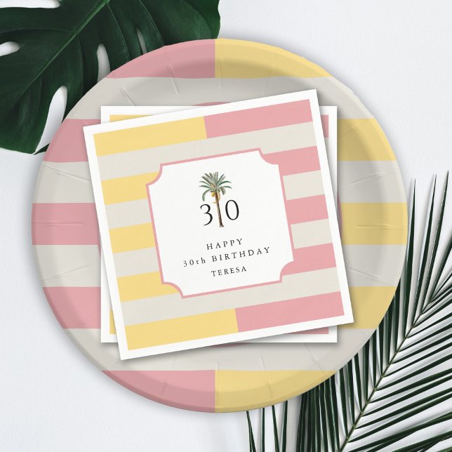 30th Birthday Palm Beach Pastel Stripe Tropical Pappersservett (Skapare uppladdad)