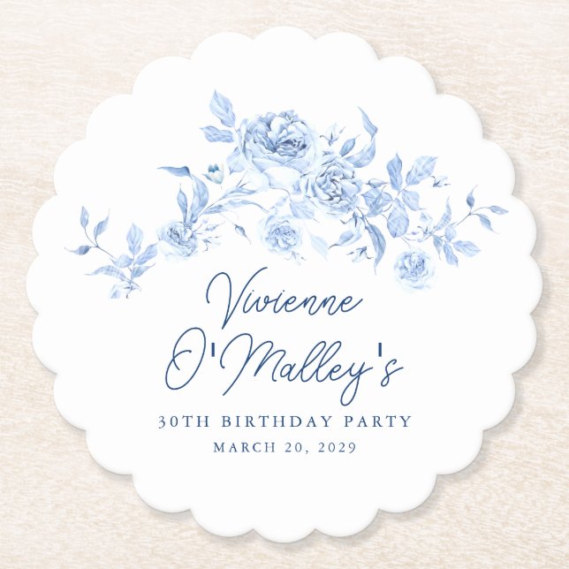 30th Birthday Party Blue Rose Floral Custom Underlägg Papper (Framsida)