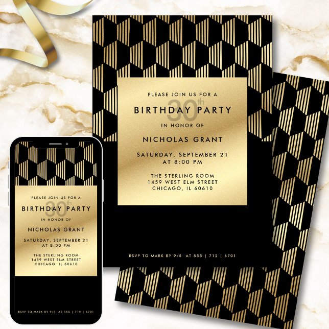 30th Birthday Party Modern Black and Gold Foil Inbjudningar (Skapare uppladdad)
