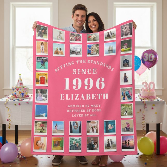 30th Birthday Wife Family Photo collage Pink Fleecefilt (Born 1996 Pink fleece blanket with photo collage. Held up by a couple.)