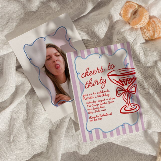 30th Drawn Colorful Champagne Glass Photo Birthday Inbjudningar (Skapare uppladdad)