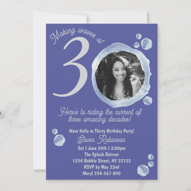 30th Indigo Blue Bubbles Födelsedagsfest Photo Inbjudningar (Framsida)