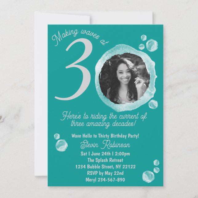 30th Ocean Teal Bubbles Födelsedagsfest Photo Inbjudningar (Framsida)
