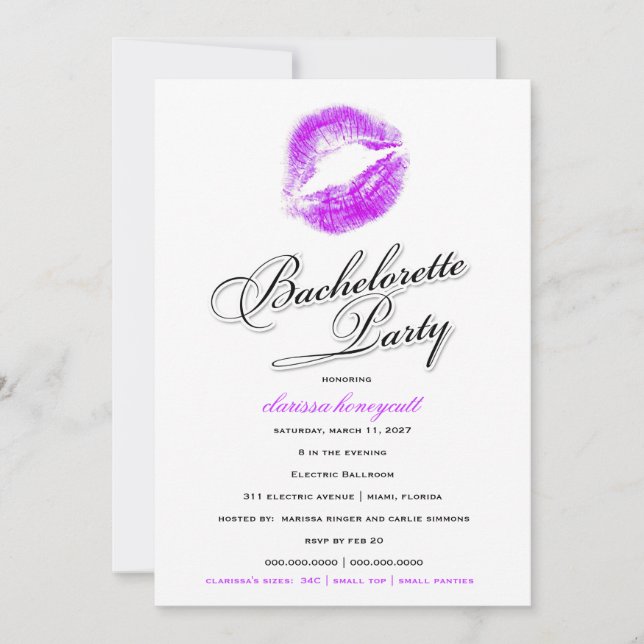 311-Bachelorette party - lilakyssar Inbjudningar (Framsida)