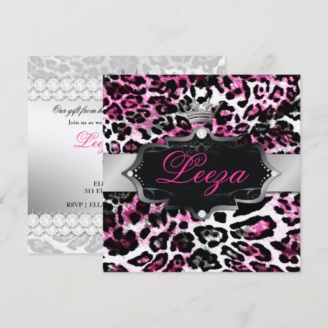 311-Baroque Princess Black Rosa Leopard Metallic Inbjudningar (Fram/baksida)