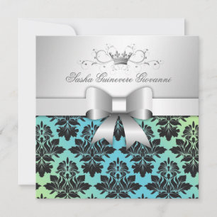 311-Blackberry Damask Bow Turcouise Lime Sweet 16 Inbjudningar