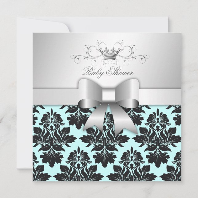 311-Blackberry Sweet Blue Damask Bow| Babyskor Inbjudningar (Framsida)