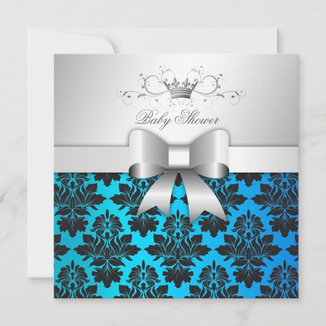 311-Blackberry Tropical Blue Damask| Babyskor Inbjudningar (Framsida)
