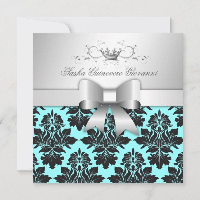 311-Blackberry Turquise Damask Bow| Söt 16 Inbjudningar (Framsida)