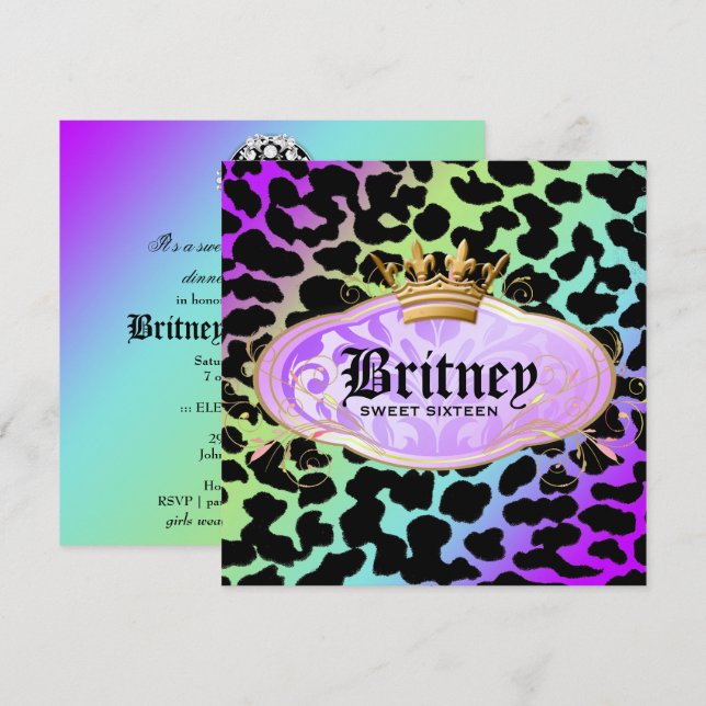 311 Bodacious Leopard Damask Amethyst Rainbow Inbjudningar (Fram/baksida)