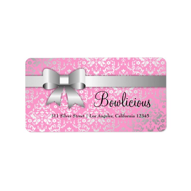 311 Bow-Licious Silver Label Dazzling Damask Rosa Adressetikett (Framsidan)