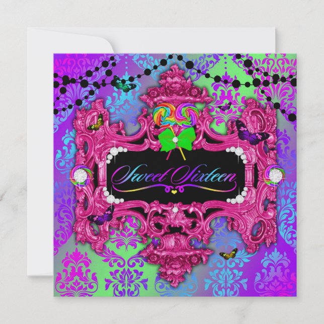 311 Candy Wonderland Rosa Sweet 16 Metallic Guld Inbjudningar (Framsida)