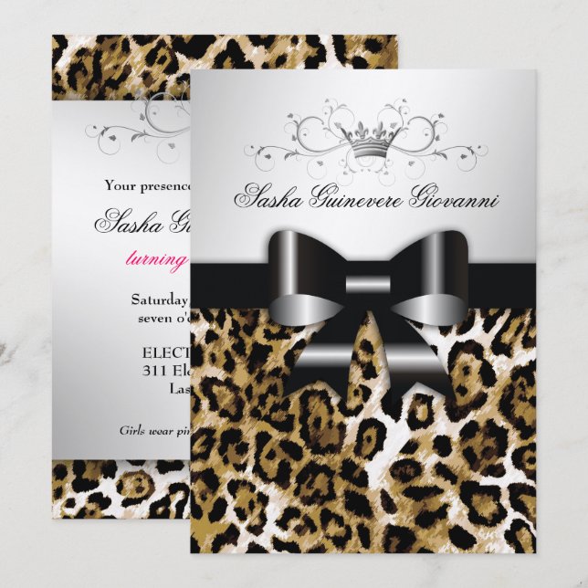 311 Chic Brown Leopard Bow 5x7| Metallisk Silver Inbjudningar (Fram/baksida)