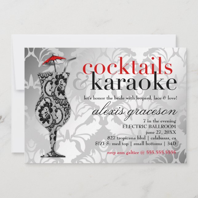 311 Cocktails & Karaoke Red Damask Inbjudningar (Framsida)