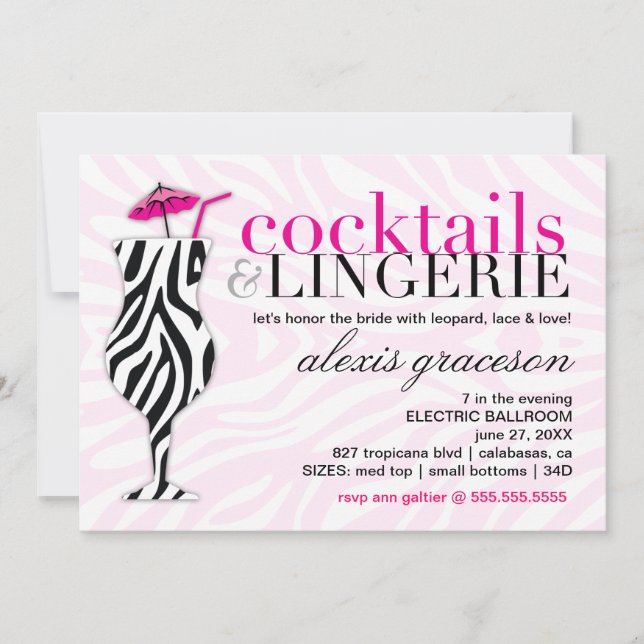 311 Cocktails & Lingerie Zebra Inbjudningar (Framsida)