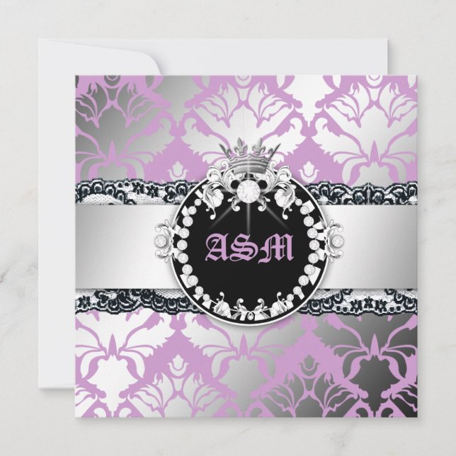 311-Damask Shimmer Queen Snöre n'Kisses Lila Inbjudningar (Framsida)