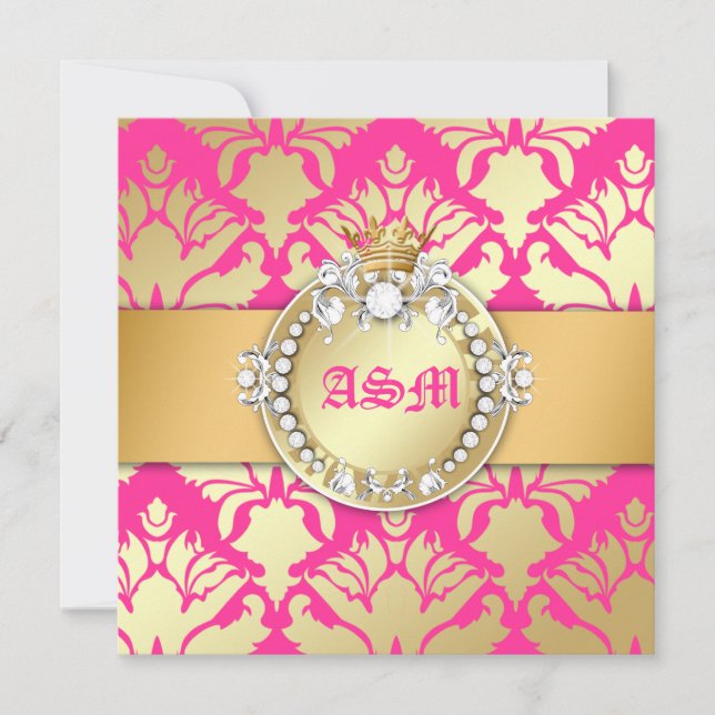 311-Damask Shimmer Queen Sweet sixteen Golden Rosa Inbjudningar (Framsida)