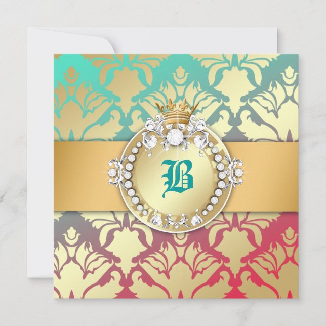 311-Damask Shimmer Queen Turquoise Dream 16 Inbjudningar (Framsida)