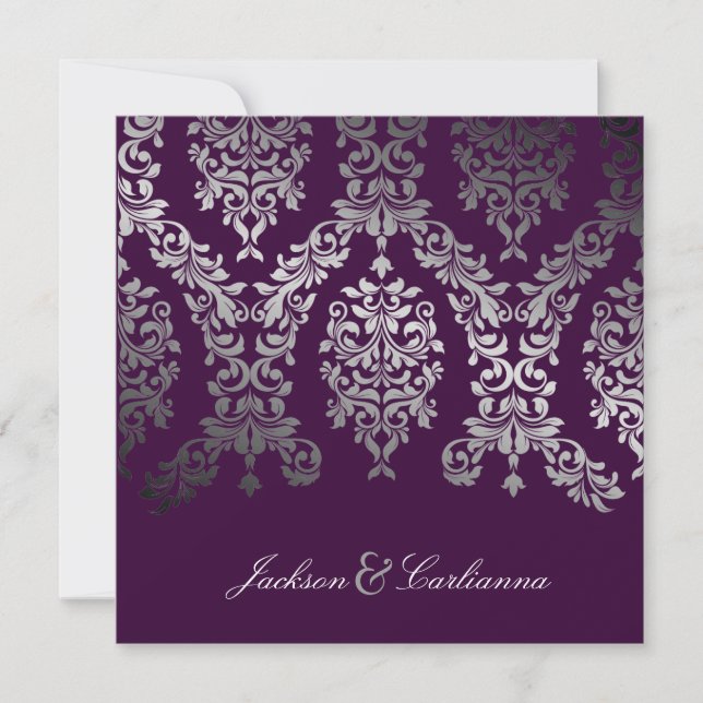 311-Dash Damask| Faux Silver Eggplant Inbjudningar (Framsida)