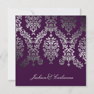 311-Dash Damask Faux Silver Eggplant Inbjudningar