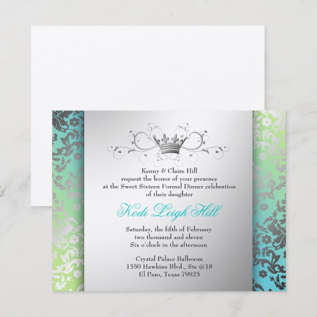 311-Dazzling Damask Turcouise & Lime Black Inbjudningar (Fram/baksida)