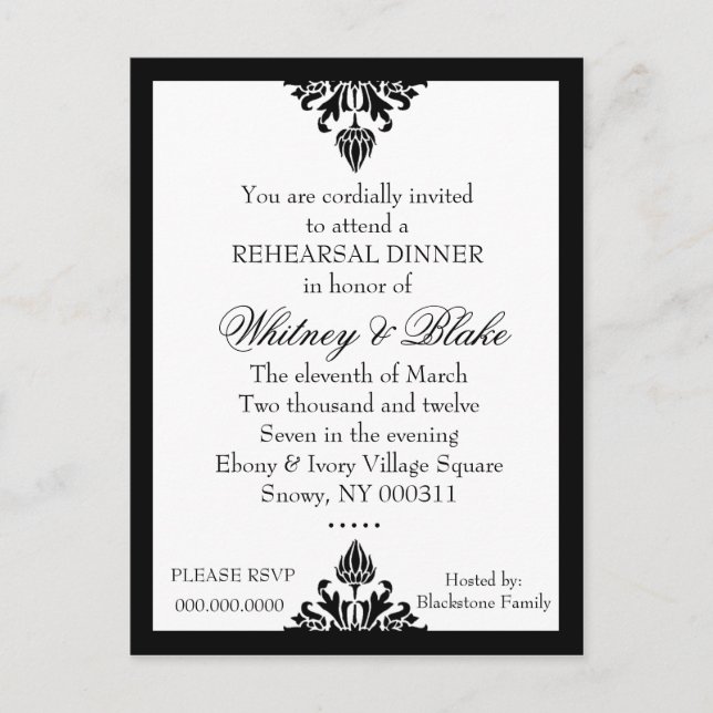 311 EBONY IVORY DAMASK INVITATION INBJUDAN VYKORT (Framsida)
