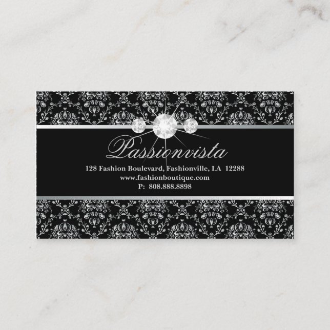 311 Elegant Judiska diamanter Silver Black Damask Visitkort (Framsida)