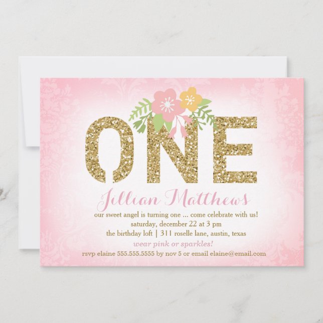 311 Faux Guld Glitter en första födelsedag Inbjudningar (Framsida)