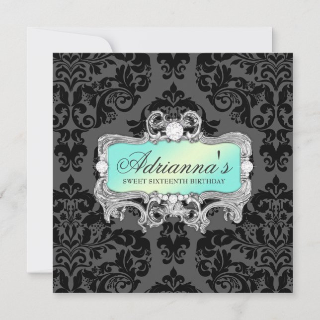 311 Glam Aqua Lime Damask Diamonds Inbjudningar (Framsida)