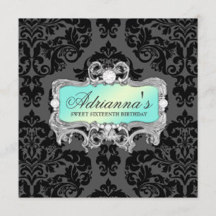 311 Glam Aqua Lime Damask Diamonds Inbjudningar